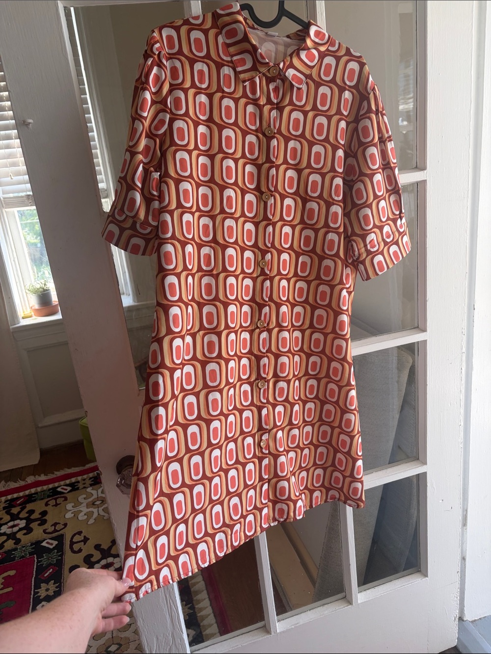 Geometric Print Short-Sleeve Shirt Dress in Orange